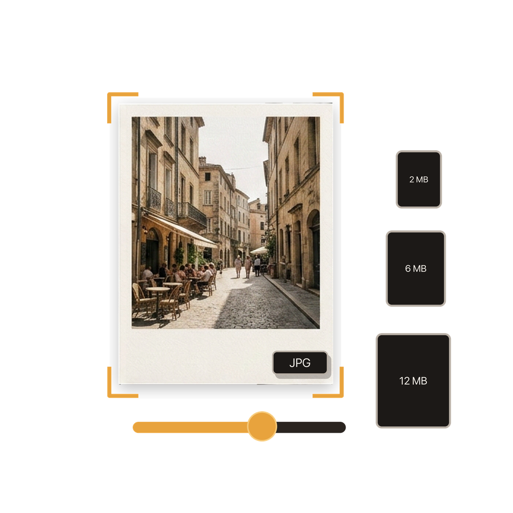 A JPG photograph with adjustable resolution, quality, and file-size controls